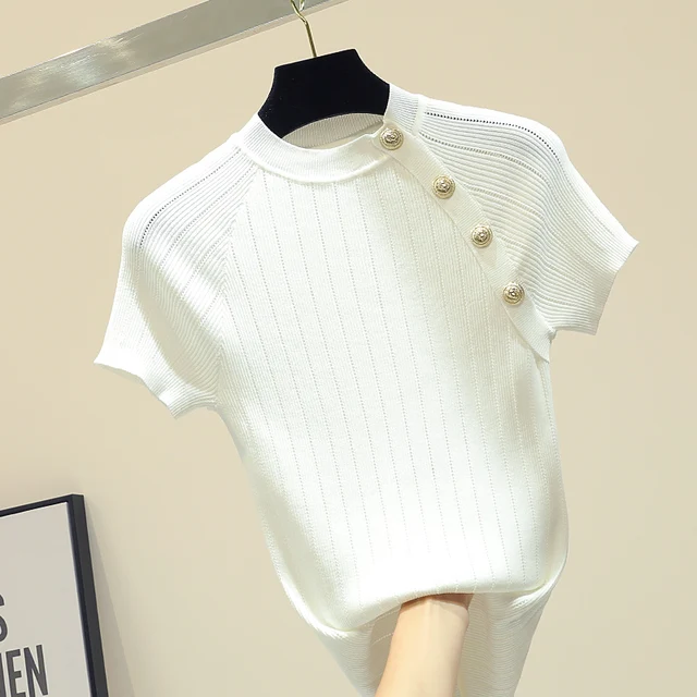 US $8.50 shintimes Thin Knitted White T Shirt Button Short Sleeve Tshirt Women 2020 Summer Solid Casual T-Sh