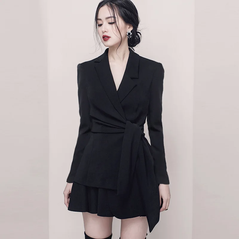 

2019 New Temperament V Collar Long Sleeve Waist Irregular Suit Skirt Drawstring Turn-down Collar Sashes 2 Piece Outfits Women