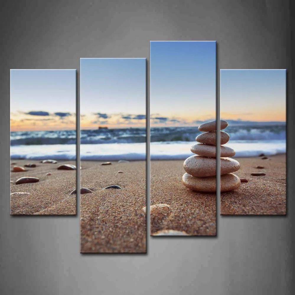 

4 Pieces Framed Wall Art Picture Stones Beach Sunrise Canvas Print Artwork Seascape Posters With Wooden Frames For Decor