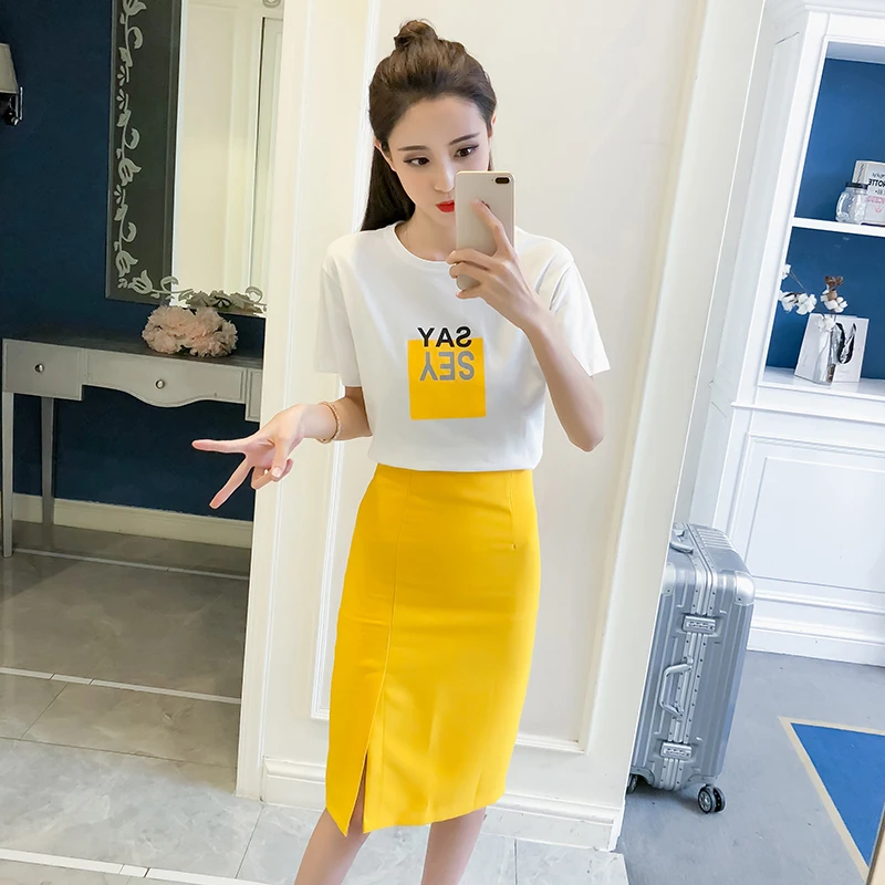 

letter print short sleeve T-shirt & split solid skirt two-piece clothing set korean fashion girl dress lady vestidos women S-XL