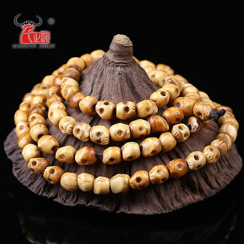 

108PCS Handmade Carved Yak Bone Beads, Skull Antique Beads for Halloween Jewelry Making, Brown,5x6/7x8/9x10mm, Hole: 2mm