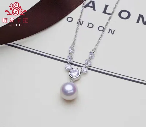 

WEICOLOR Nice 8-9mm Round White,Pink, Pearl, Grey, Black Freshwater Pearl Pendant Necklace With Silver And Crystal