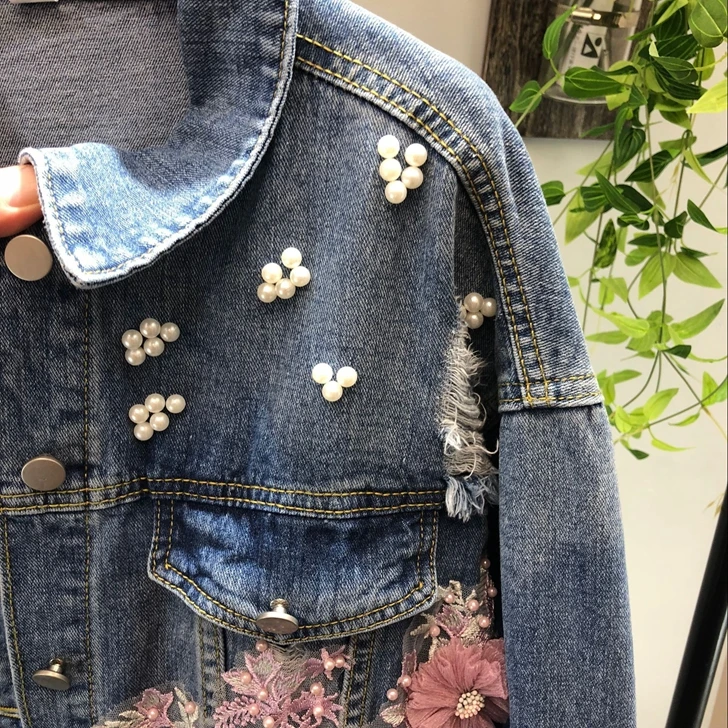 2018 Spring Autumn Jeans Jacket Coat Woman New Heavy Stereo Pink Flower Embroidered Hole Denim Jackets Student Basic Coats