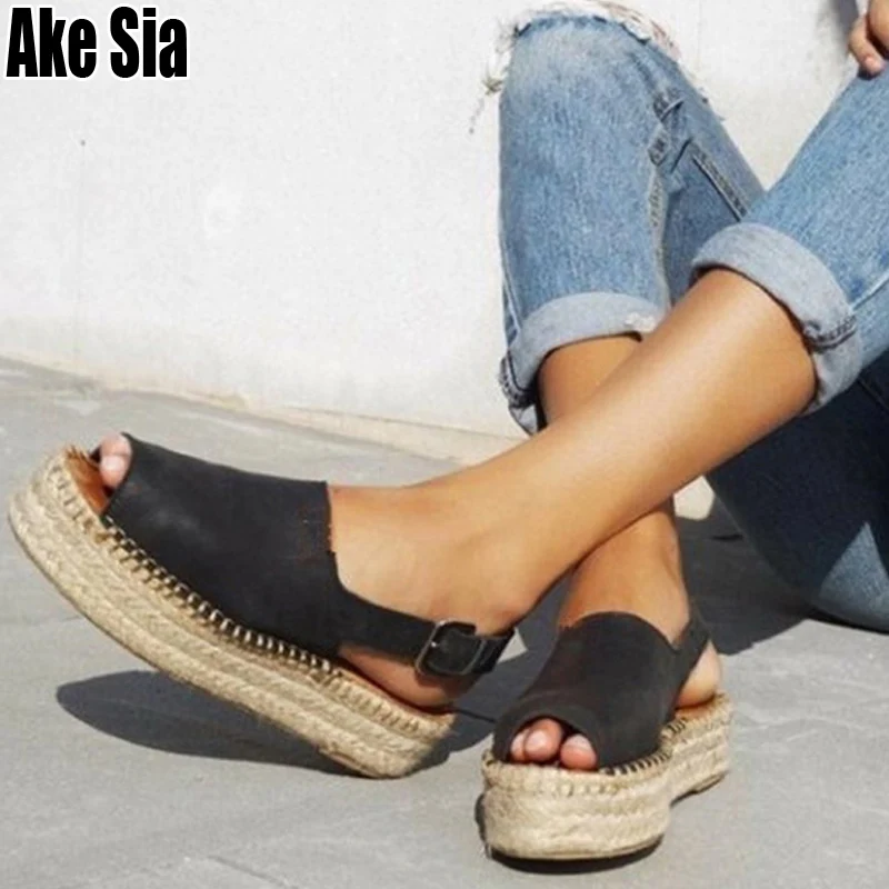 

Feminino Women's Fashion Casual Peep Toe Hemp Rope Thick Sole Wedge Platform Back Buckles Lady Sandals Mujer Saptaos Shoes A570