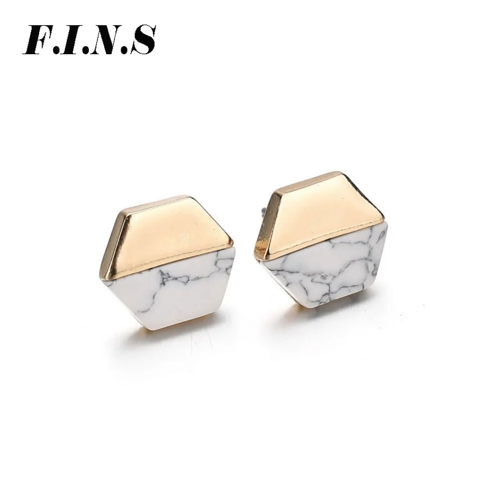 

F.I.N.S Concise Brincos OL Lady Stud Earrings For Women Geometric White Blue Marble Stone Mosaic Zinc Alloy Pendientes Earring