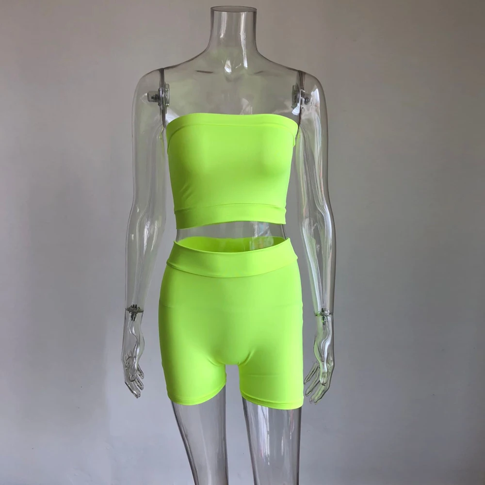 KGFIGU комплект из двух предметов летний неоновый зеленый спортивный костюм для женщин без бретелек топы и шорты женские комплекты из двух предметов уличная одежда