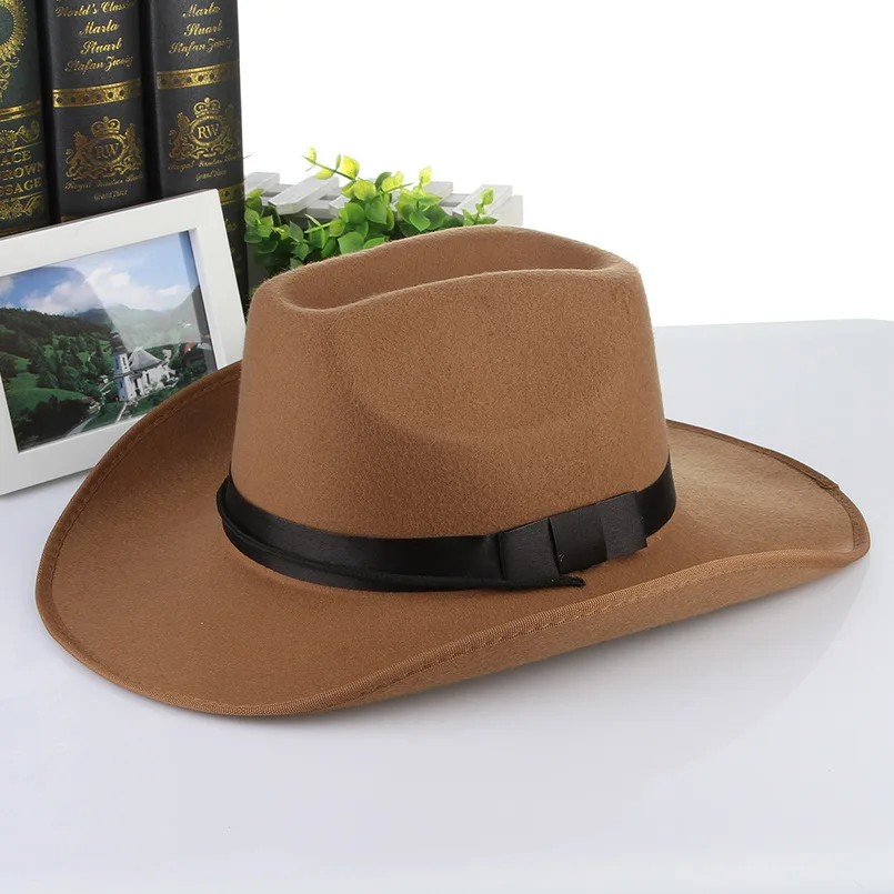 GEMVIE винтажные черные войлочные Западные Ковбойские шляпы для мужчин с широкими полями, солнцезащитный козырек, кепка осень-зима, женская шляпа с ремешком, фетровая шляпа