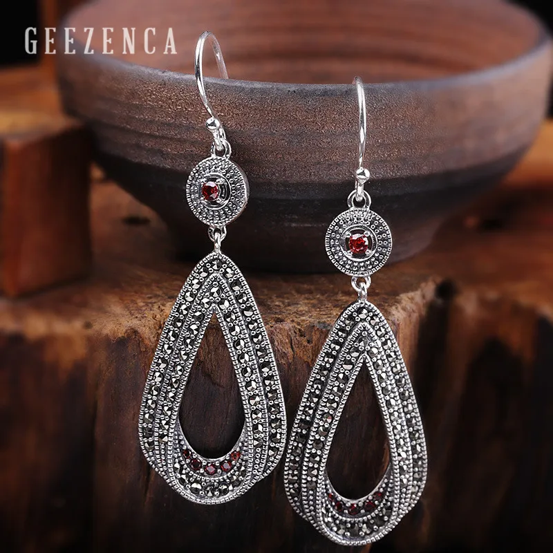 

925 Sterling Silver Thai Gemstone Geometric Drop Earrings Women Handmade Craft Bohemia Zircon Dangle Earring Party Trendy Gift