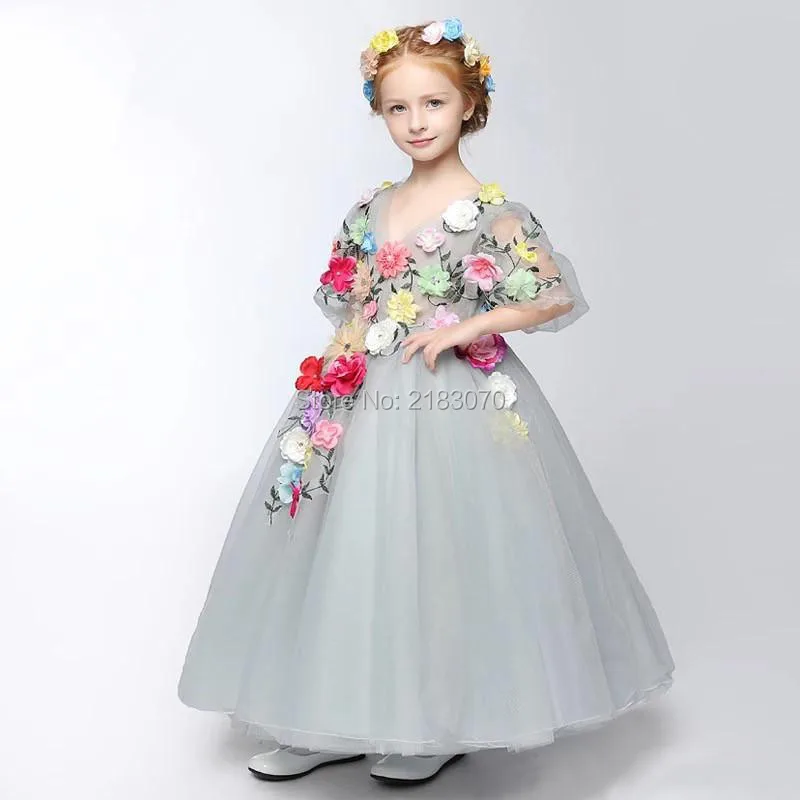 New Coming V-Neck Short Sleeve A-Line Flower Girls Dresses Flowers Adorned Princess Cinderella Formal Wear For Kids Cs