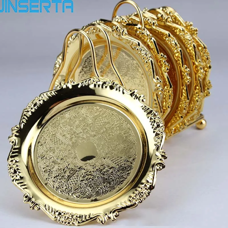

JINSERTA Metal Storage Tray Fruit Salad Dessert Cake Tray Gold Dinner Plate Dish Dinnerware Coffee Tea Cup Anti-Hot Pad 2/4PCS