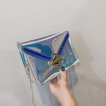 

Women Crossbody Travel Chain Bag Laser PVC Waterproof Transparent Handbags Messenger Shoulder Beach Handbag Jelly leather Clear