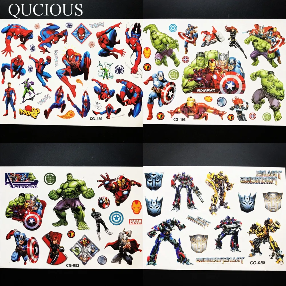 

Superhero Cartoon Spider Man Tattoos Temporary For Boys Avengers Hulk Tatoo Waterproof Fake Anime Super Hero Tattoo Kids Sticker