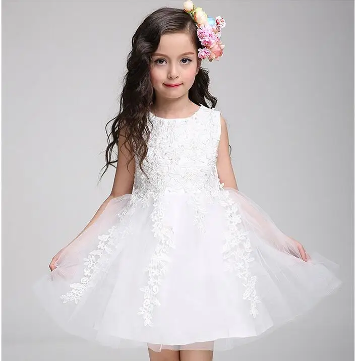 High Quality White Beading Lace Tulle Girls Wedding Dresses Ball Gown Girl Party Birthday