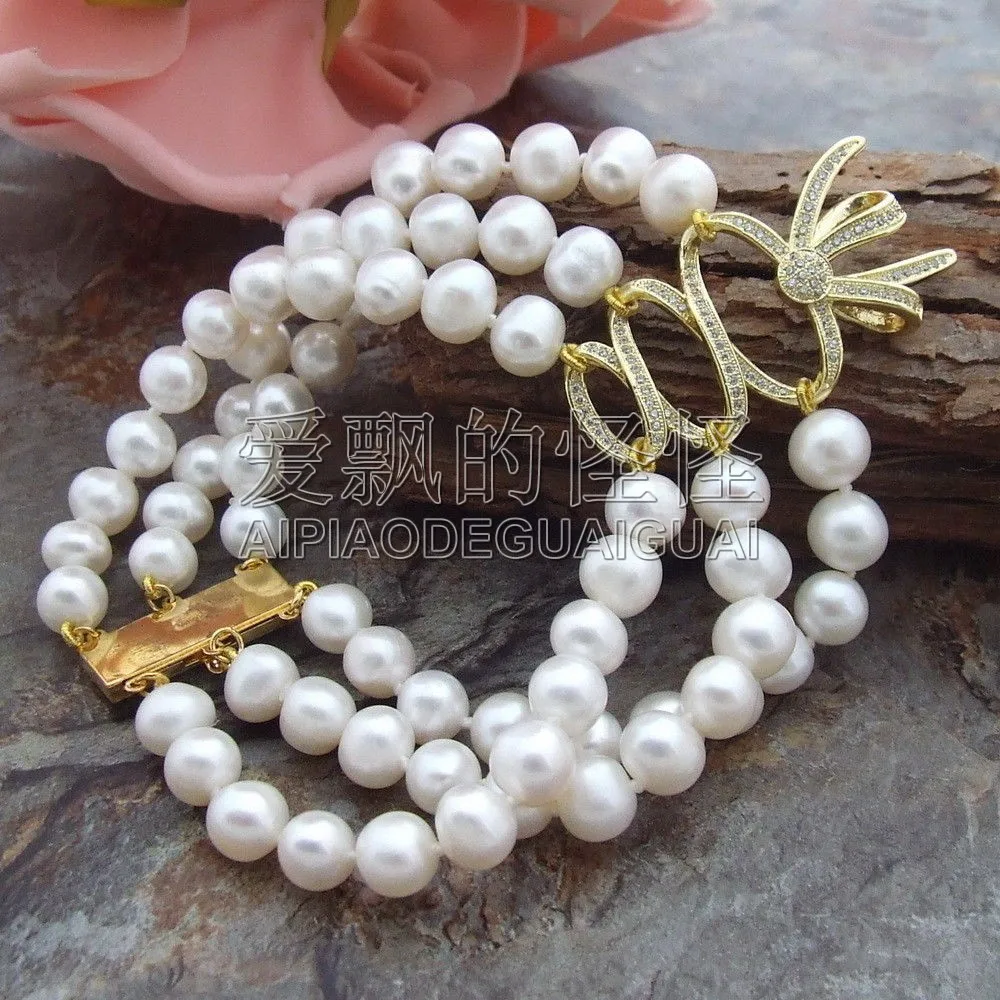 

B041414 8-9MM 8'' 3 Strands White Pearl CZ Connector Bracelet