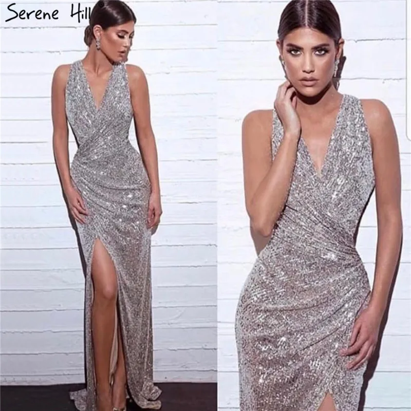 

Dubai Design Silver Deep-V Luxury Prom Dresses Long Sequined Mermaid Sexy Prom Gowns 2019 Serene Hill BLA70052