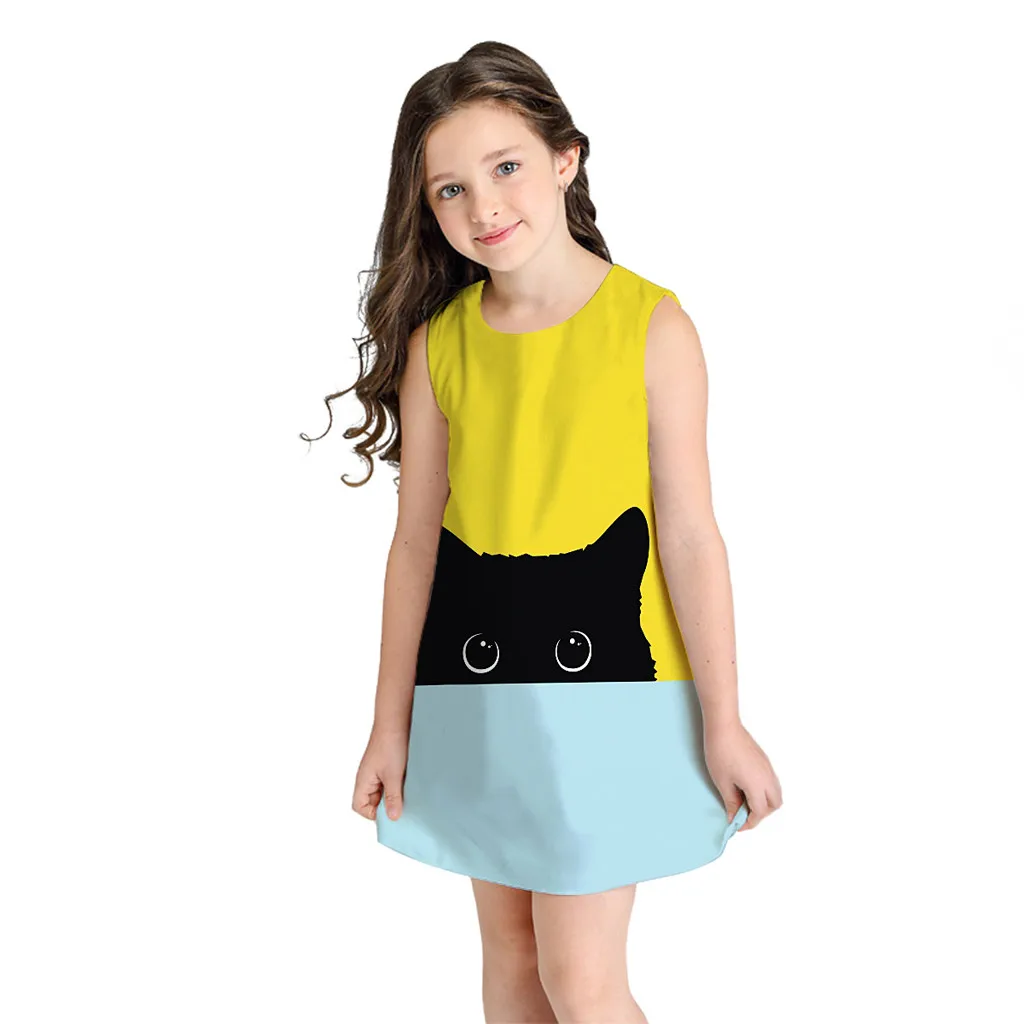 Летнее платье для маленьких девочек-подростков; платья без рукавов с круглым вырезом и 3D-принтом с героями мультфильмов; повседневная одежда для малышей; Infantil; для детей 6-12 лет