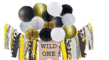

15 pcs Baby Shower Black Gold Birthday Party Decor - White Black Gold Paper pom poms, Paper Lantern, Burlap Highchair Banner