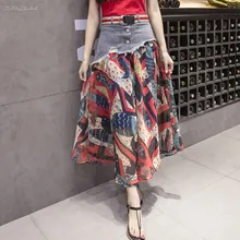 Лоскутные шифоновые женские джинсовые макси юбки винтажные летние джинсы Saias повседневные с высокой талией женские Boho шифоновые длинные юбки