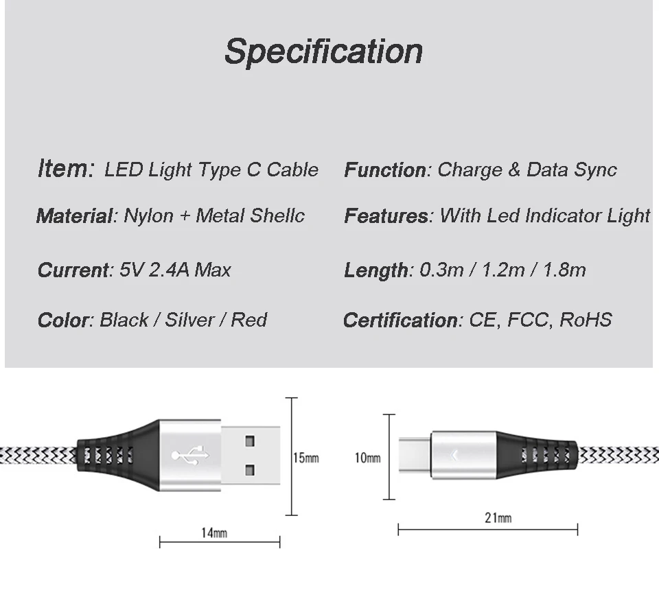 Кабель Usb type-C длиной 1,2 м, 1,8 м, быстрая зарядка, светодиодный светильник Usb-C, кабель для huawei P30 P, samsung Note 10 Plus, Xiaomi Mi, 9 T, A3