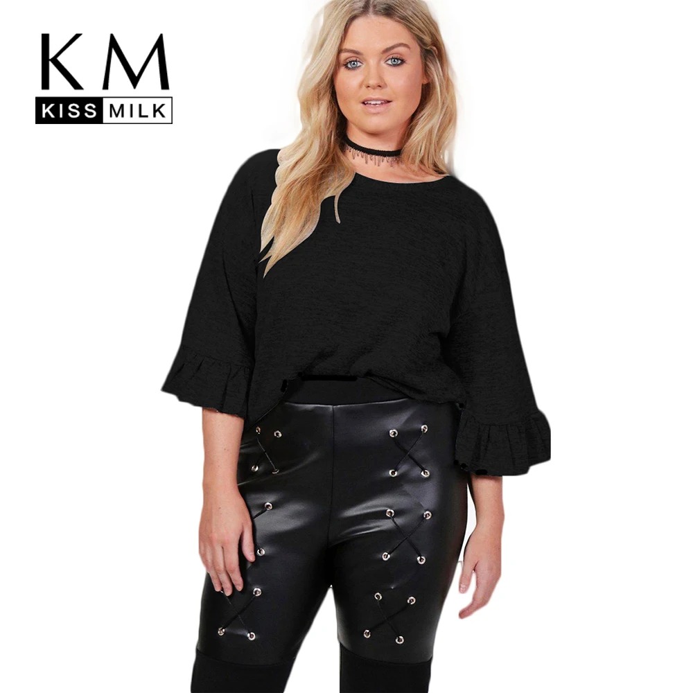 Kissmilk Fashion Plus Size Summer T-shirt Women Casual Crewneck Three Quarter Ruffle Sleeve T-shirt Back Lace Up Loose T-shirt Kissmilk Fashion Plus Size Summer T-shirt Women Casual Crewneck Three Quarter Ruffle Sleeve T-shirt Back Lace Up Loose T-shirt