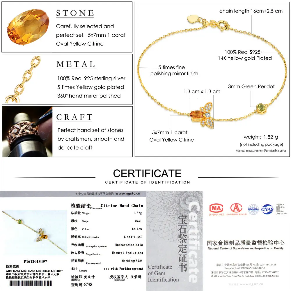 LAMOON Lovely Bee Brecelets for Women 100% Natural Citrine 925 Sterling Silver Fine Jewelry Charm Bangles Hand Accessory LMHI002