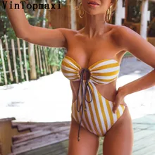 Полосатое кольцо с круглым вырезом, Цельный купальник, женская одежда для плавания, женский купальник без бретелек со шнуровкой,, купальный костюм, Дамский Монокини