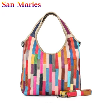 

San Maries Genuine Leather Handbags Cowhide Leather Women Striped Patchwork Handbags Fashion Ladies Shoulder Bags 2019