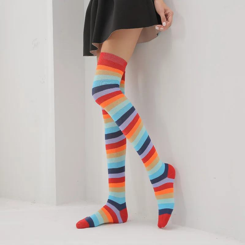 Howfits женские радужные хлопковые носки сексуальные Полосатые выше колена женские длинные