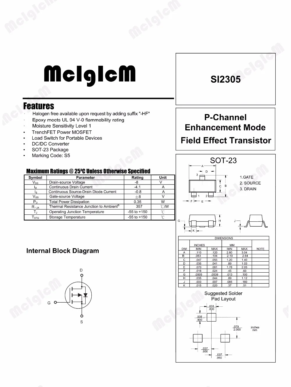 MCIGICM si2305, 100 шт. P-CH 8V 5.8A SMD mosfet транзисторы СОТ-23 SI2305 MOSFET SOT23-3