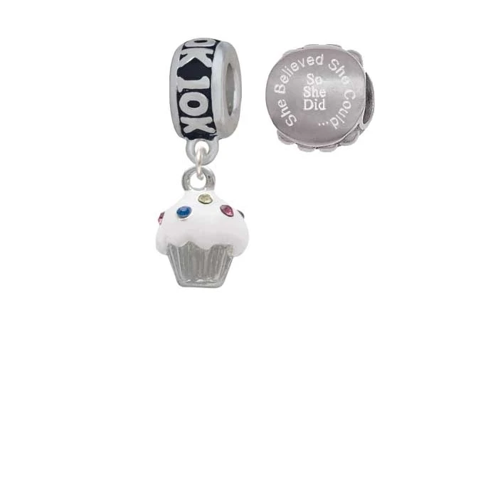 Silvertone Small White Cupcake with Crystal Sprinkles 10K Run She Believed She Could Charm Beads (Set of 2)