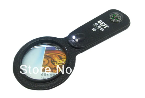 

free shipping BEST-5B portable Magnifier 5x with LED light mini compass jewelry loupe