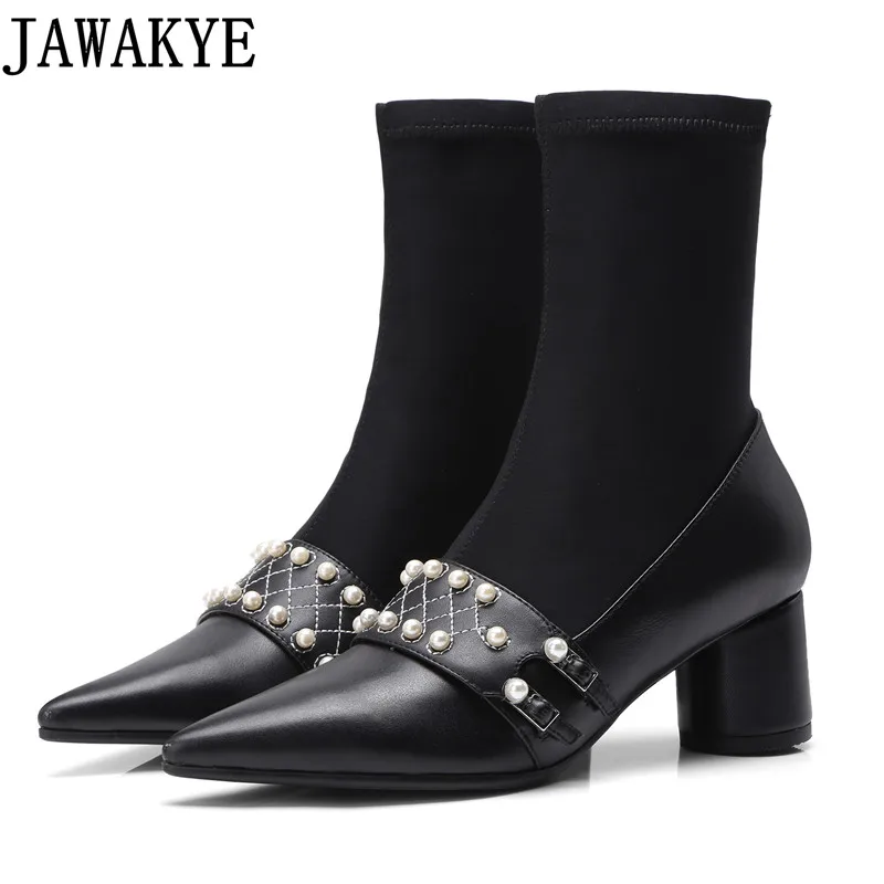 

Genuine leather high heels Stretch Fabric Women Botas pearled Ankle Boots runway design Sock Shoes 2018 autumn Pumps for ladies