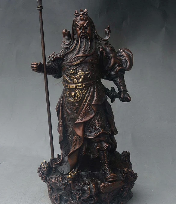 

15" China Folk Bronze Loyal Dragon Warrior GuanGong GuanYu Hold Falchion Statue