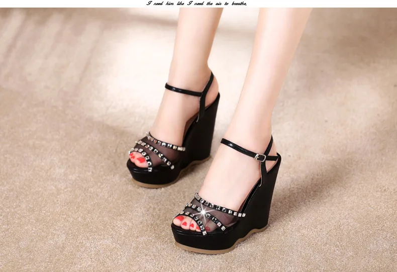24_2016 Summer Fashion Elegant Footwear Peep Toe Black High Heeled Platform Sandals Silver Diamond Wedges Shoes Women Small Size