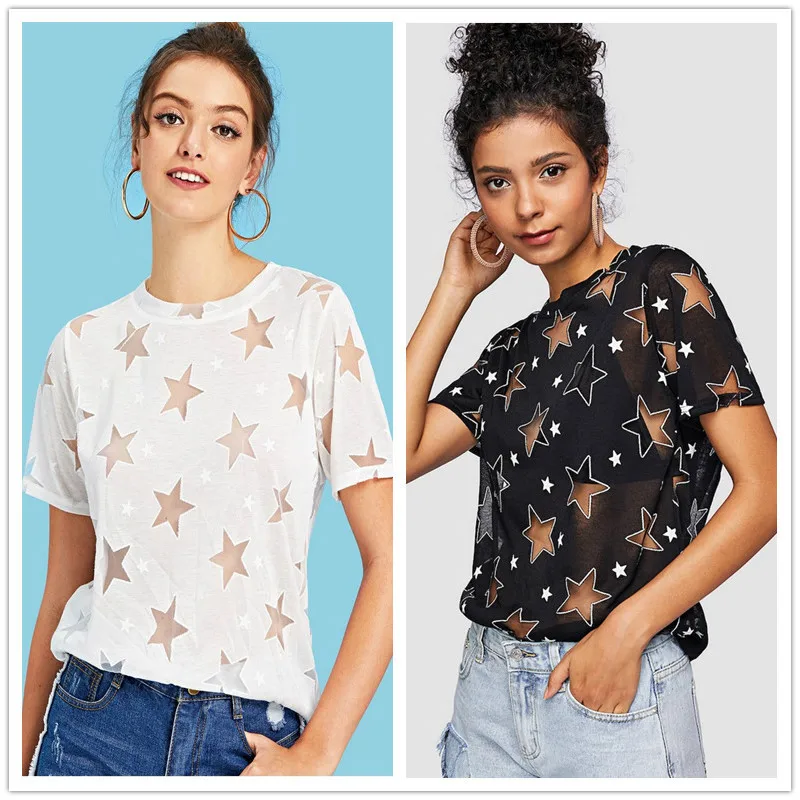 

Spring and summer women's T-shirt explosions fashion short sleeve tops hollow sexy perspective five-pointed star light O-Neck