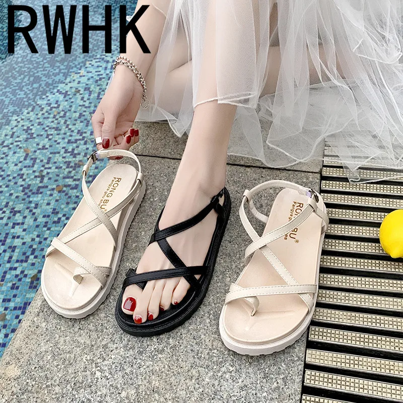 

RWHK 2019 new Korean version of the sandals female summer flat bottom wild non-slip word buckle toe Roman beach shoes B119