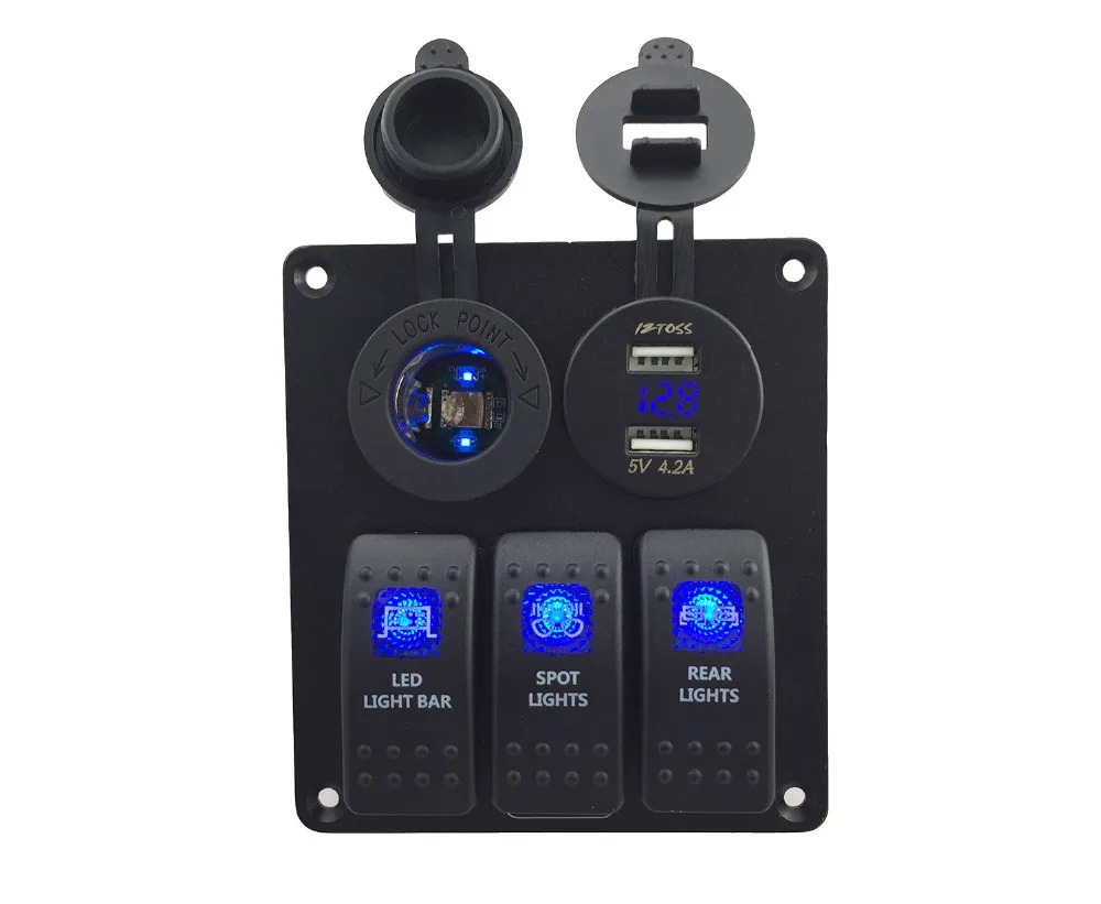 

DC12V-24V blue Power socket+ Double USB 4.2A Power Outlet Charger voltmeter Socket 3 Gang blue Rocker Switch Panel for Marine