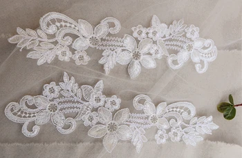 

10 pairs ivory cord lace appliques, black embroidered cord alencon lace appliques for bridal dress sewing accessories