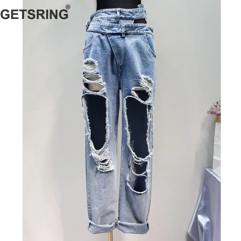 

GETSRING Woman Jeans Low Waist Ripped Jeans Double Waist Beggar Hole Denim Jeans Womens Denim Pants Loose Long Denim Trousers