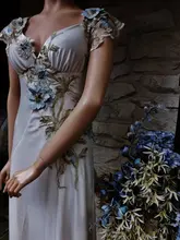 CUSTOM GREAT GATSBY Style Movie Theater Dress Beige Velvet Blue Flower Swarovsky Beaded Flapper Edwardian Dress