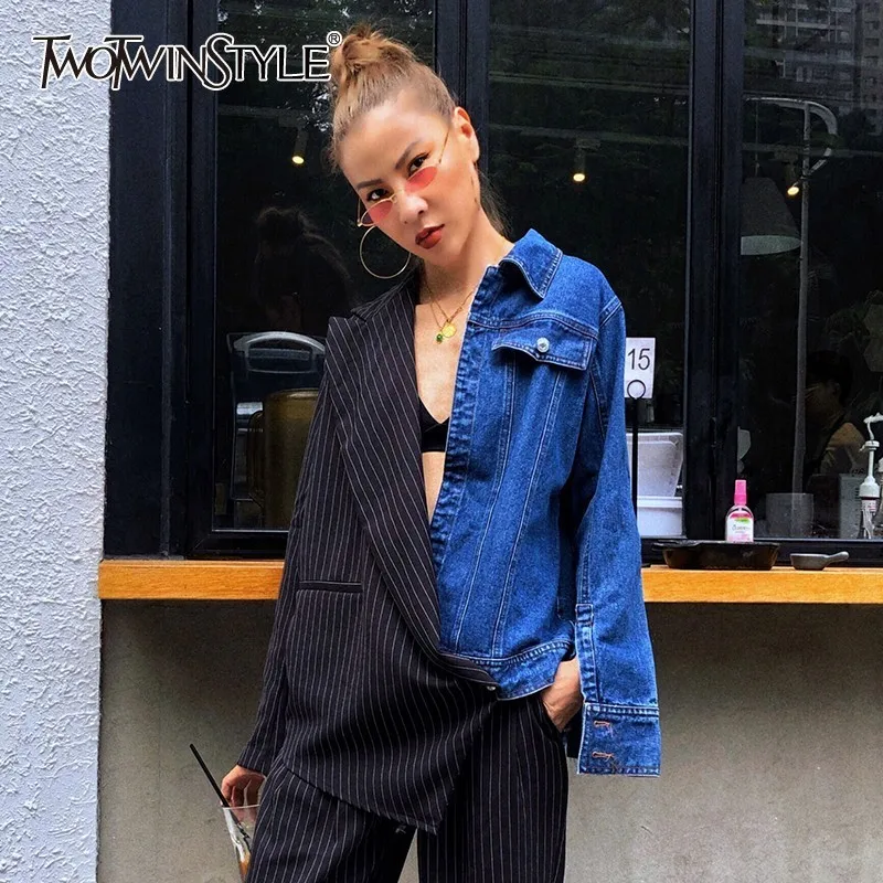 

TWOTWINSTYLE Summer Denim Patchwork Blazer For Women Lapel Collar Hit Color Asymmetrical Coat Female Fashion Clothes 2019 New