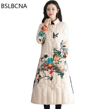 

Chinese National Style Parka Mid Length 2019 Casual Plus Size Jacket Woman Cotton Winter Coat Women Print Vintage Female A506