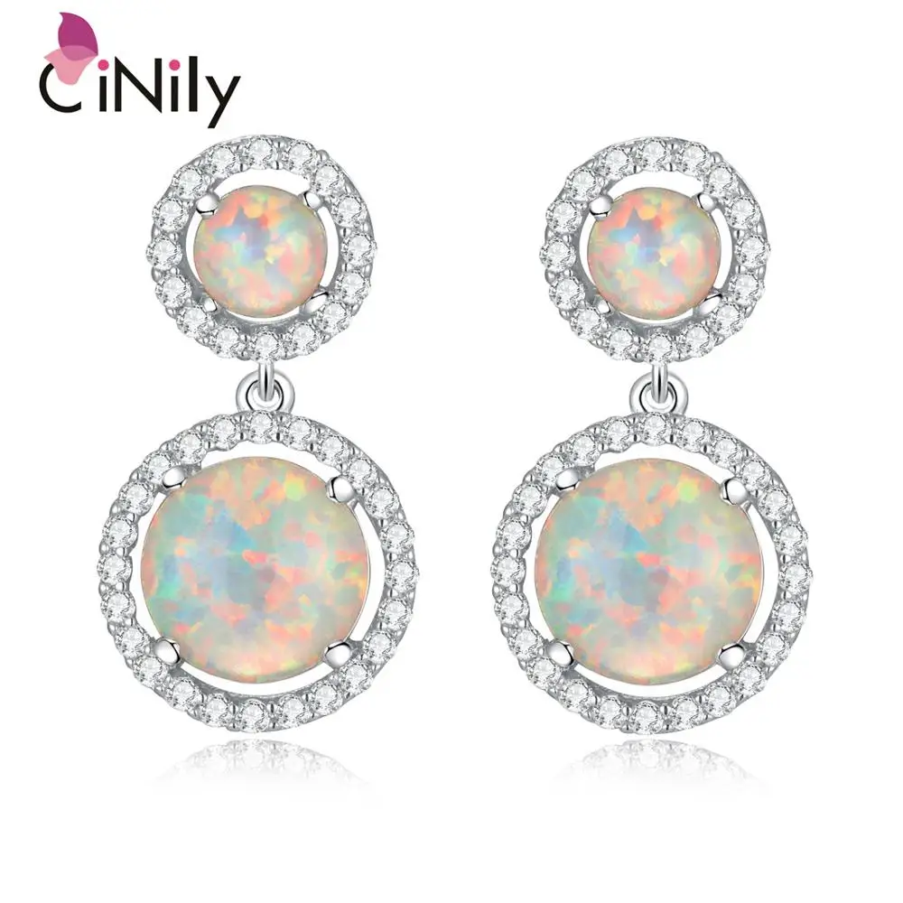 

CiNily Luxury Big Fire Opal Filled Earrings Silver Plated Long Stud Earring With White Round Stone Wedding Engagement Jewelry