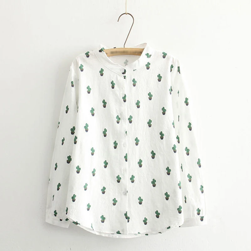 En Ligne Dioufond Automne Coton Lin Blouse Femmes Harajuku Chemise Femelle Haut À Manches Longues Casual Vêtements Cactus Imprimer Shirt Femmes Blusas