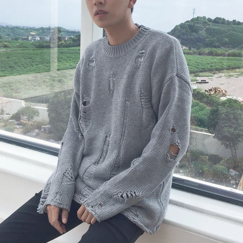 Ripped Destroyed Holes Distressed Sweaters Mens Knitted Pullover