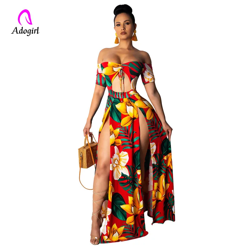 

Adogirl big flower patterned long dress slash neck high split vintage dress wrapped chest bow knot tops female festival suits