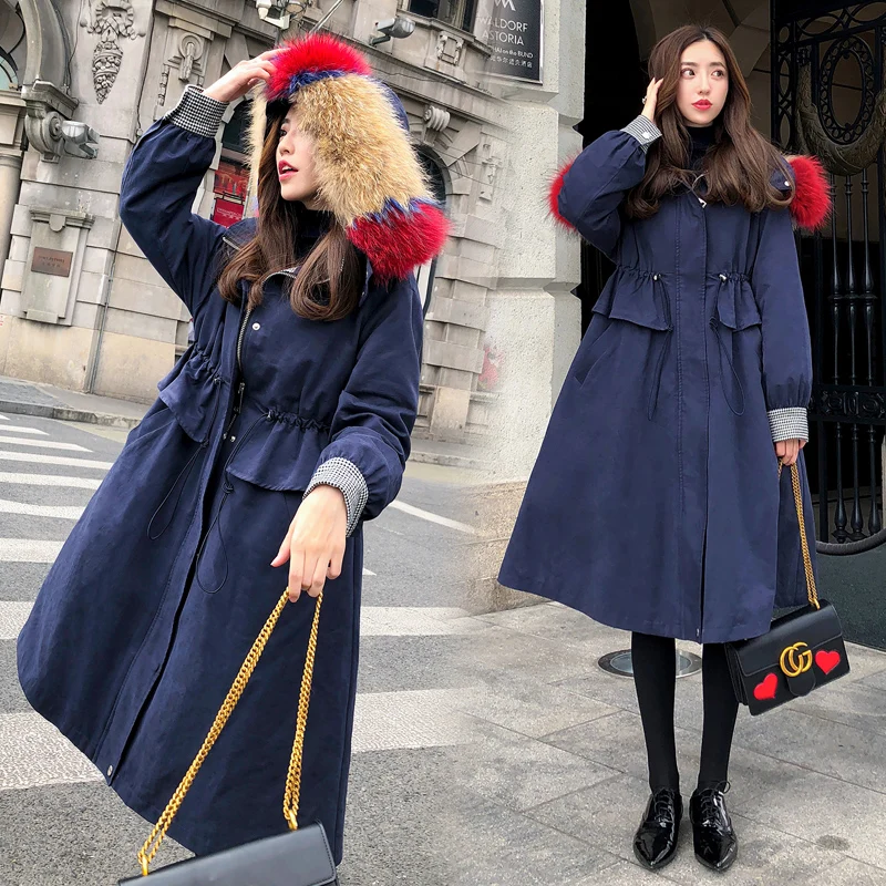 Colorful large raccoon dog fur collar thick winter down coats women slim waist white duck down jackets 2018 autumn MOVAU0167