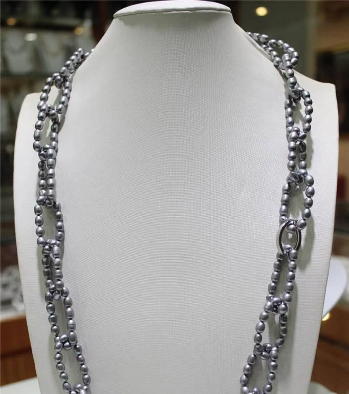 

Long Gray freshwater pearls necklace rice 5x6mm 35INCH Alloy "handmade" a(5.18)