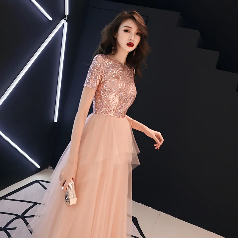 

A-line Evening Dresses Pink Shinig Sequined Tiered Plus Size Party Gowns Short Sleeve O-neck Zipper Long Formal Prom Dress E339