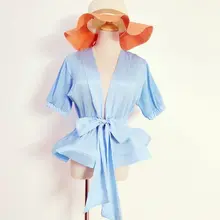 Women Ruffle Chiffon Blouse 2019 Sexy Deep V Korean Fashion Travel Holiday Blue Summer Top Lace Up Pleated Vintage White Blouses blue lace up design grid pattern blouse
